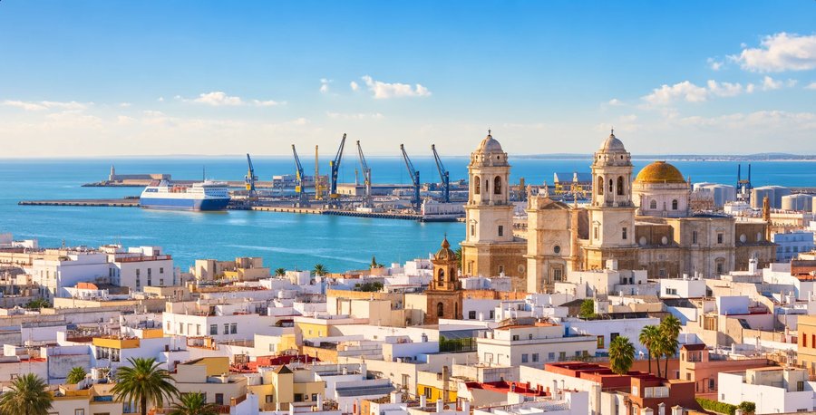 Vista aérea de Cádiz capital, la catedral y el puerto